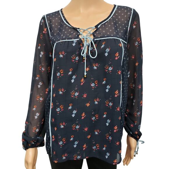 Abercrombie & Fitch Peasant Floral Top Sz S Navy Blue Long Sleeve Lace up Boho - Picture 1 of 13